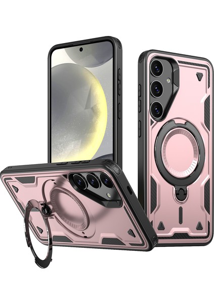 Samsung Galaxy S25+ Için Manyetik Çift Katmanlı Telefon Kılıfı, Metal Halkalı Ayaklık Içerir Rose Gold (Yurt Dışından)