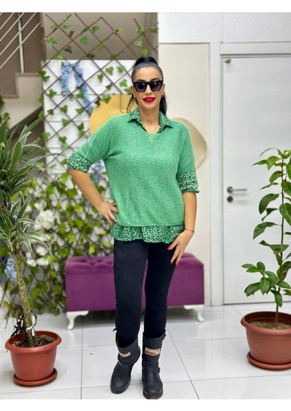 NC516026 Italyan Leopar Desen Fularlı Erkek Yaka Kazak Yeşil fiyatları