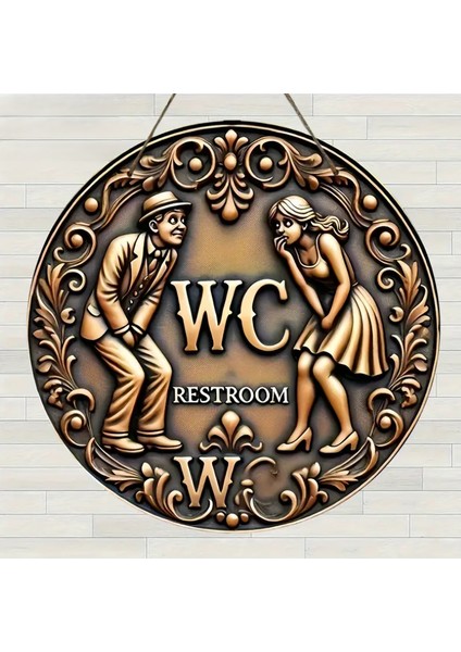 2d Vintage Yuvarlak Ahşap Tuvalet Işareti