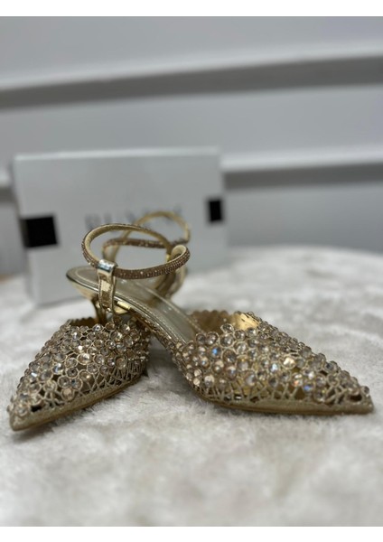 Parla Kristal Taşlı Gold Gümüş 4 cm Inve Topuklu Topuk Dekolteli Sivri Burun Abiye Ayakkabı indirimleri