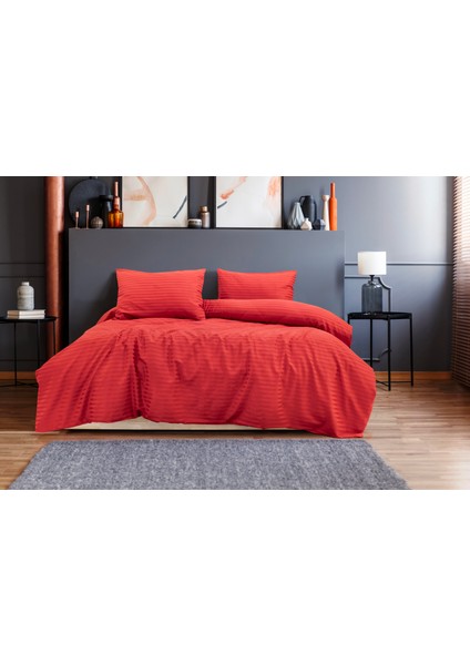 Kırmızı Çizgili Saten Tek Kişilik Nevresim Takımı Çarşafı Lastikli