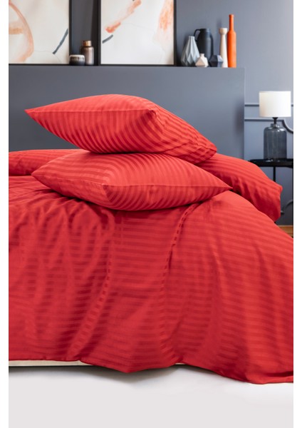 Kırmızı Çizgili Saten Tek Kişilik Nevresim Takımı Çarşafı Lastikli modelleri