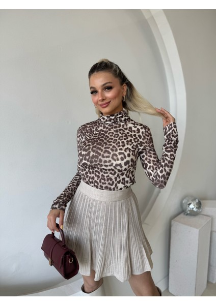 Leopar Desen Boğazlı Uzun Kol Bluz