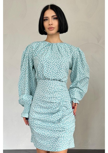 Puantiyeli Önü Büzgülü Elbise fiyatları
