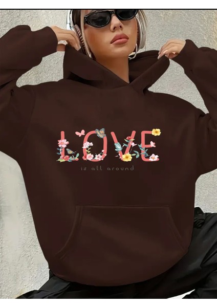 Love Yazı Detay Baskılı Içi Polarlı Kapüşonlu Sweatshirt