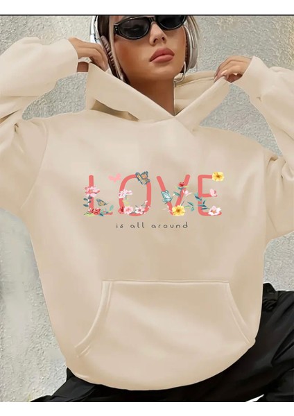 Love Yazı Detay Baskılı Içi Polarlı Kapüşonlu Sweatshirt