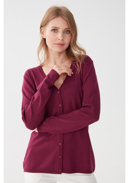 Kadın Likralı Basic Uzun Kollu V Yaka Hırka Mürdüm fiyatları