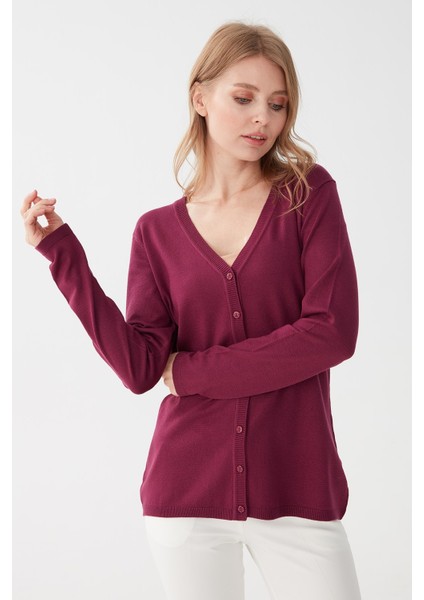 Kadın Likralı Basic Uzun Kollu V Yaka Hırka Mürdüm modelleri