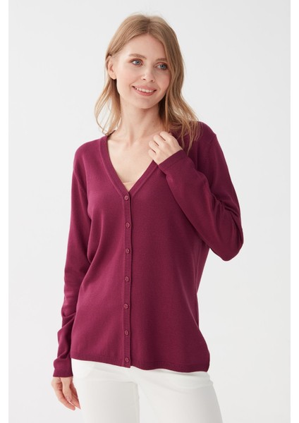 Kadın Likralı Basic Uzun Kollu V Yaka Hırka Mürdüm fırsatları