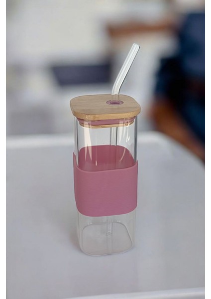 Bambu Kapaklı Kare Cam Pipetli Kupa 400 ml | Pembe