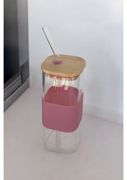 Bambu Kapaklı Kare Cam Pipetli Kupa 400 ml | Pembe fırsatları