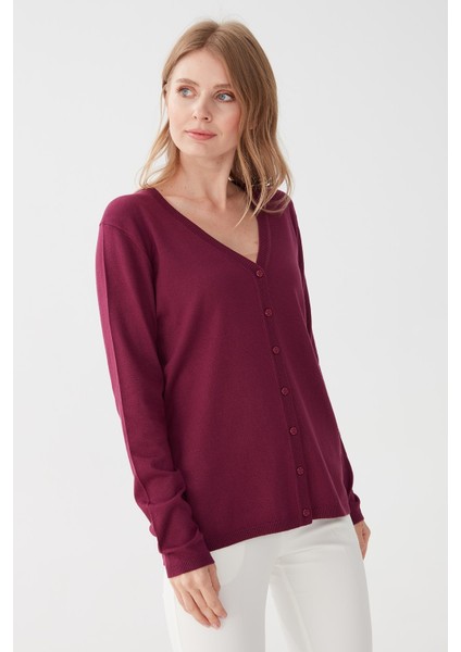Kadın Likralı Basic Uzun Kollu V Yaka Hırka Mürdüm