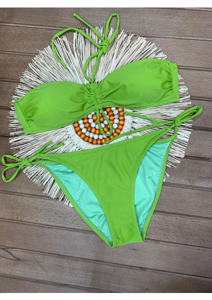 Kadın Likralı Esnek Boyundan Bağlamalı Ipli Straplez Şık Kaliteli Büzgü Ayarlı Bikini Takım