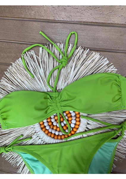 Kadın Likralı Esnek Boyundan Bağlamalı Ipli Straplez Şık Kaliteli Büzgü Ayarlı Bikini Takım fırsatları