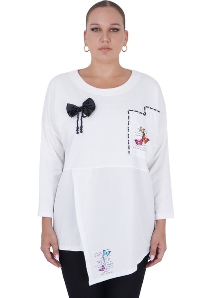 Kadın Büyük Beden Beyaz Asimetrik Bluz