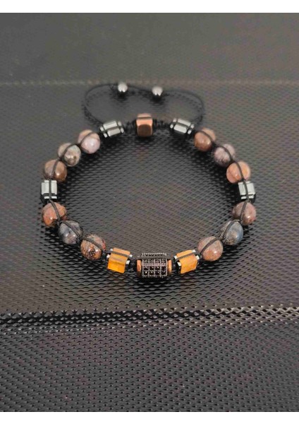 Damla Kehribar-8 mm Pietersite-Mikro Zirkon Aparat Doğaltaş Bileklik Takı Aksesuar Erkek Bileklik