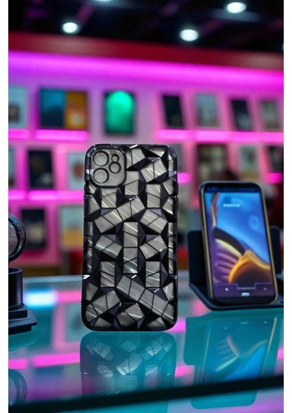 Iphone 12 / 12 Pro Uyumlu Geometrik Elmas Desenli Siyah Kılıf