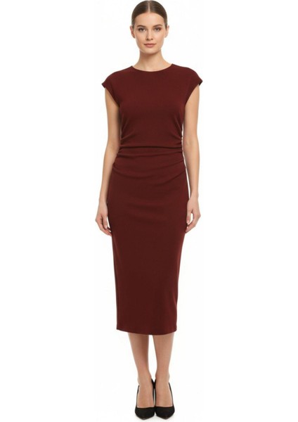 Bordo Bej Büzgü Detaylı Triko Midi Elbise 2317