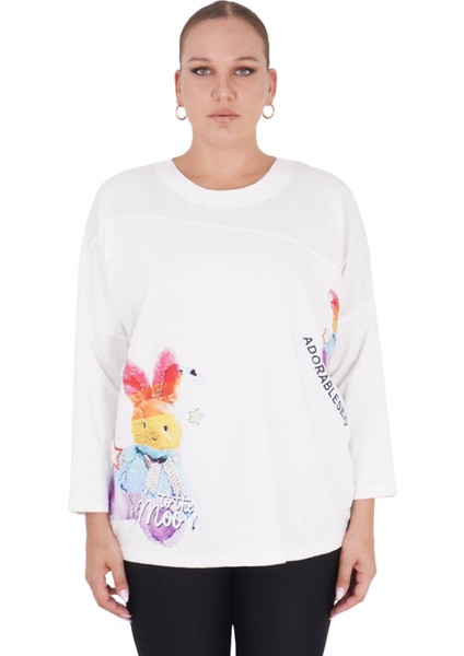 Kadın Büyük Beden Tavşanlı Beyaz Bluz