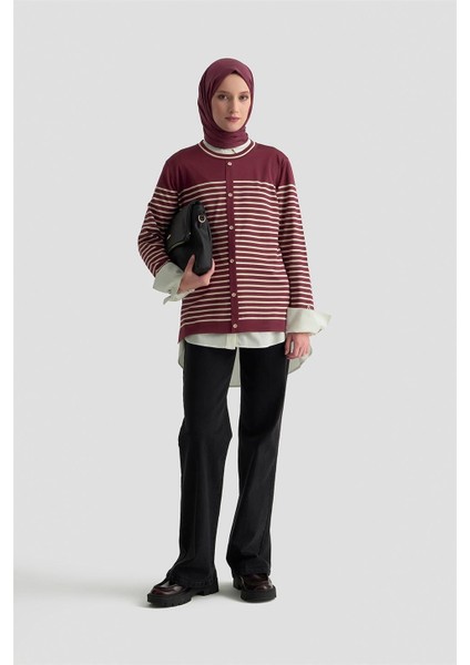 Düğmeli Çizgili Triko Kazak 25KTD4128 Bordo fiyatları