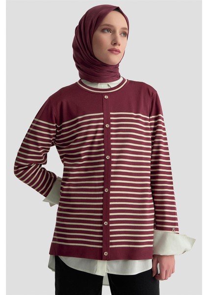Düğmeli Çizgili Triko Kazak 25KTD4128 Bordo modelleri