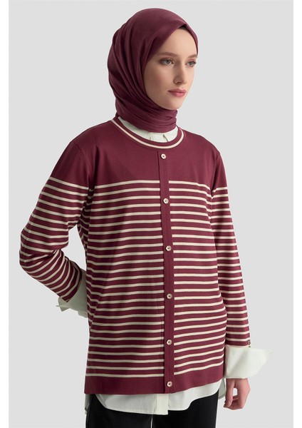Düğmeli Çizgili Triko Kazak 25KTD4128 Bordo fırsatları