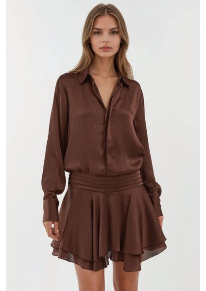 Kadın Gömlek Yakalı Uzun Kollu Fırfırlı Mini Elbise Kestane Kahvesi