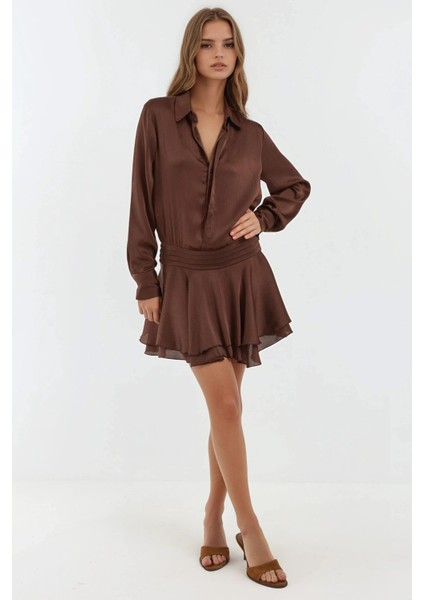 Kadın Gömlek Yakalı Uzun Kollu Fırfırlı Mini Elbise Kestane Kahvesi fiyatları