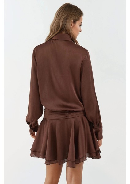Kadın Gömlek Yakalı Uzun Kollu Fırfırlı Mini Elbise Kestane Kahvesi modelleri