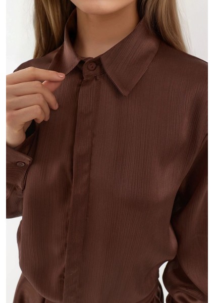Kadın Gömlek Yakalı Uzun Kollu Fırfırlı Mini Elbise Kestane Kahvesi fırsatları