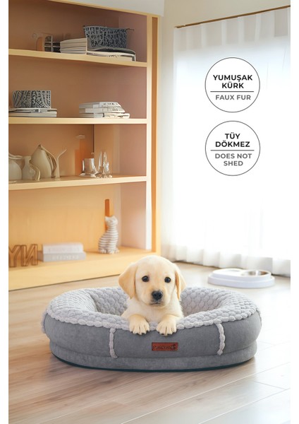Kürk Peluş Kedi Köpek Evcil Hayvan Yatağı PatiChill Yıkanabilir Kaymaz Taban Simba Lüks Ortopedik Su Geçirmez Gri
