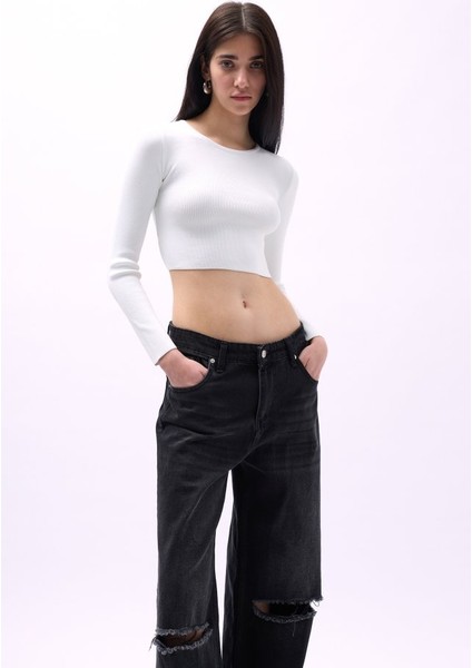 Bisiklet Yaka Dokulu Crop