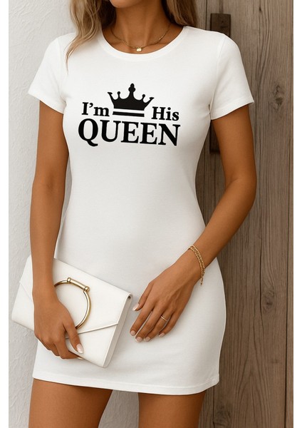 Kadın Kısa Kollu Queen Baskı Iki Iplik Mini Elbise