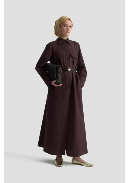 Pens Detaylı Pamuk Elbise 25K9009 Kahverengi