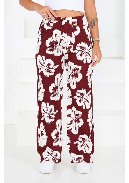 Desenli Beli Lastikli Bürümcük Pantolon Bordo - 27685 modelleri