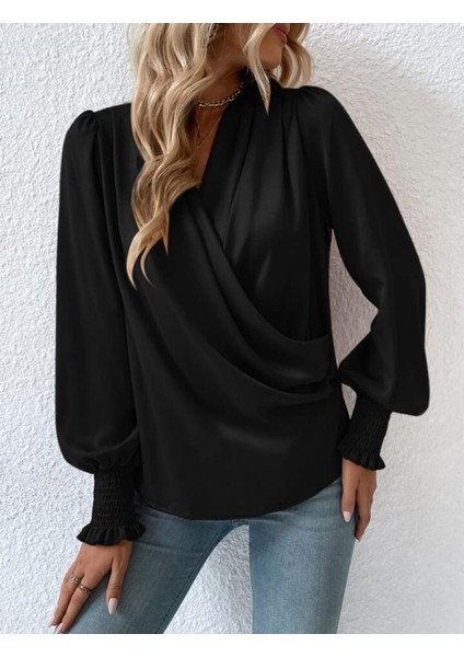 Kadın Uzun Kollu Dökümlü Kruvaze Yaka Kol Ucu Gipeli Sandy Bluz modelleri