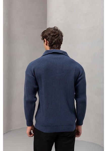 Oversize Selanik Örgü 4 Düğmeli Yarım Pat Rahat Kalıp Erkek Triko Kazak - Indigo