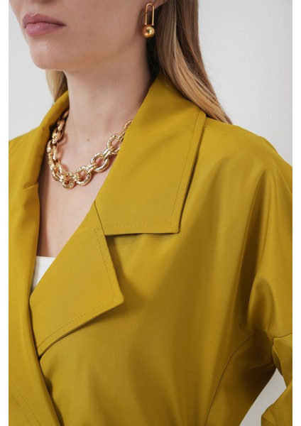 Kadın Bdart Desenli Polyester Trençkot, Şal Yaka Yeşil