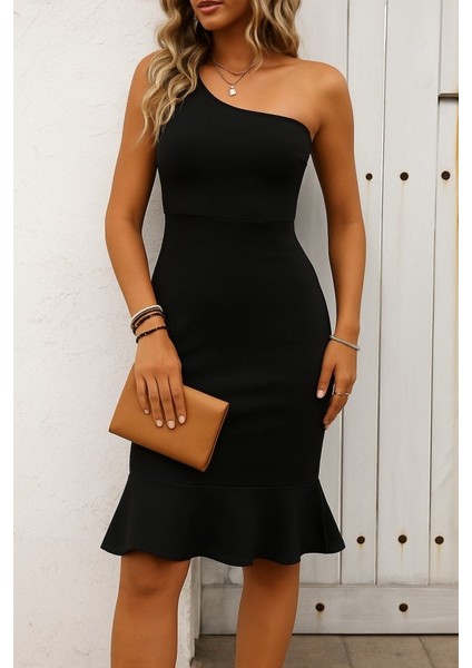 Kadın Tek Omuz Askılı Etegi Volanlı Janjan Krep Elbise