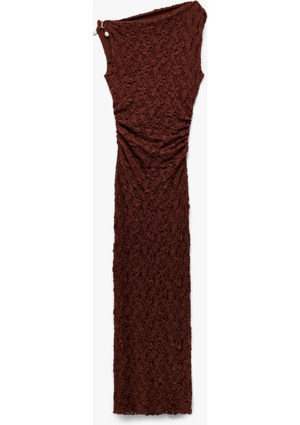 x Melis Ağazat - Kolsuz Slim Fit Drapeli Aksesuarlı Asimetrik Kayık Yaka Uzun Dantel Elbise fırsatları