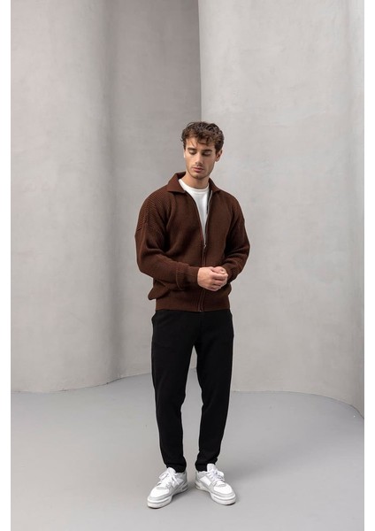 Coppola Selanik Örgü Polo Yaka Cepli Fermuarlı Rahat Kalıp Erkek Triko Hırka - Kahve