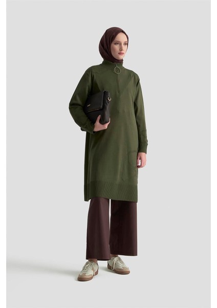 Çiçek Desenli Triko Tunik 25KTD4111 Haki