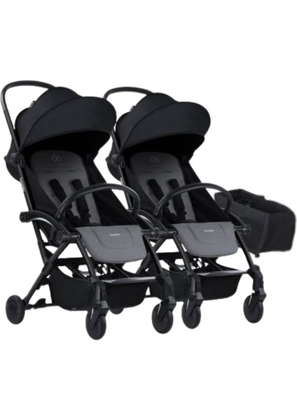 Connect³ Ikiz Bebek Arabası / Black - Grey Melange & Yan Düzenleyici Çanta Hediyeli