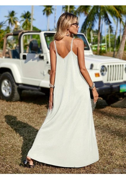 Kadın Askılı V Yakalı Etnik Şerit Detaylı Uzun Viskon Elbise modelleri