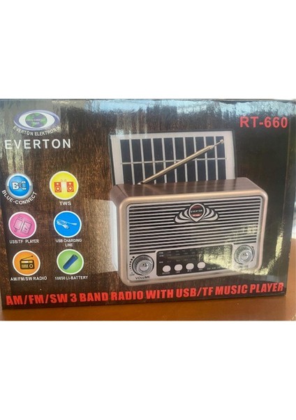 RT-660 Bluetooth Fm-Usb-Tf-Aux Şarjlı Nostaljik Radyo Solar (Güneş Panelli)