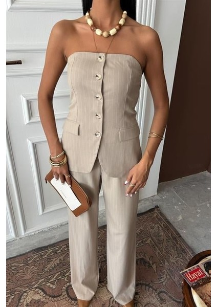 Straplez Büstiyerli Plazzo Pantolonlu Çizgili Takım 10151 indirimleri