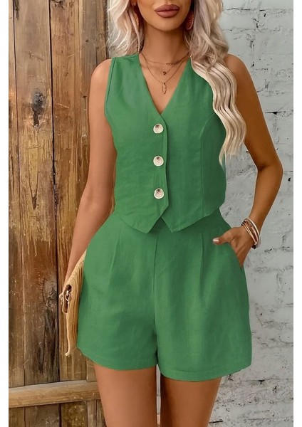 Kadın Kolsuz Askılı V Yakalı Önden Düğmeli Ithal Keten Ceket ve Short Ikili Takım modelleri