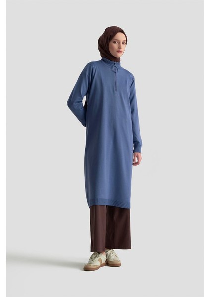 Fermuar Detaylı Triko Tunik 25KTD4113 Indigo