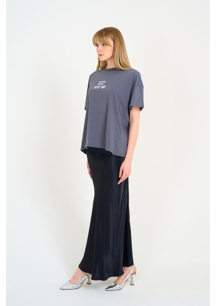 Düz Uzun Saten Etek - Siyah