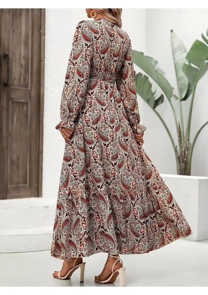 Kadın Uzun Kollu V Yakalı Beli Lastikli Desenli Süprem Elbise fiyatları